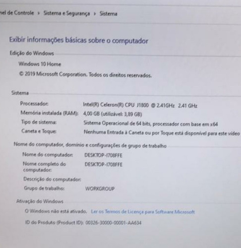 Windows 10 Home Intel Celeron J1300 2.41 Gh7 Ram 4.00 Gb Hd