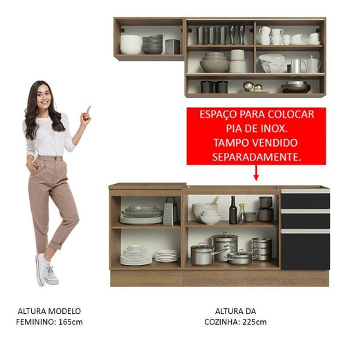 Cozinha Completa Madesa Glamy 180008 C Arm Balcão S Tampo Rp Cor Rustic/Preto