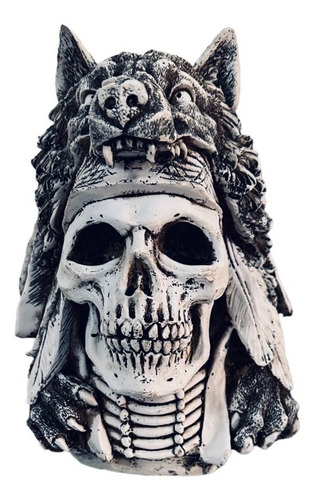 Figura Cabeza Calavera Con Lobo Escultura De Resina Cráneo