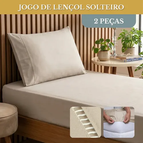Jogo De Cama Solteiro 2 Peças Percal 400 Fios Fronha Ponto Palito Lençol Elástico Toque Aveludado Luxo Cor Caqui Liso