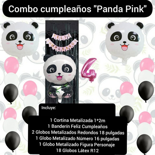 Combo Decoración Cumpleaños Globos Cortina Banderin Panda