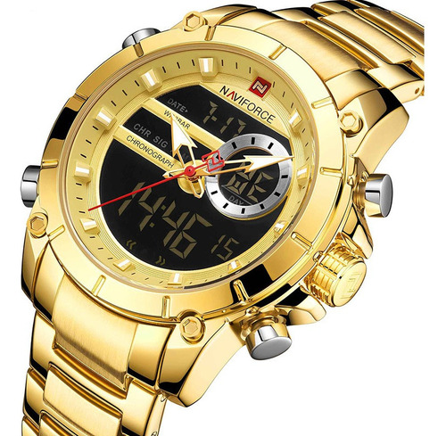 Reloj Hombre Lujo Naviforce Fechador Cronógrafo Dorado