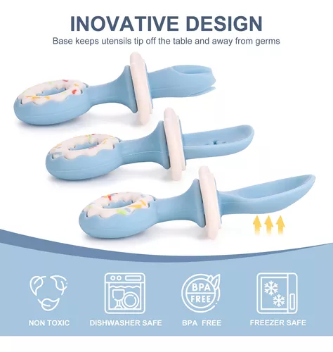Cuchara y tenedor para bebé, utensilios para niños de primera etapa,  cuchara de destete LED para bebés, 100% silicona suave de grado  alimenticio