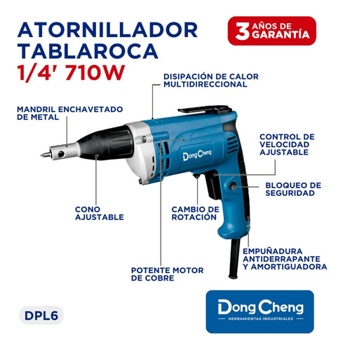 Atornillador Industrial DongCheng DPL6 710W 127V para Tablaroca y Metal, Ajuste de Profundidad y Velocidad Variable, Ideal para Construcción y Renovación, Incluye Puntas y Escobillas.