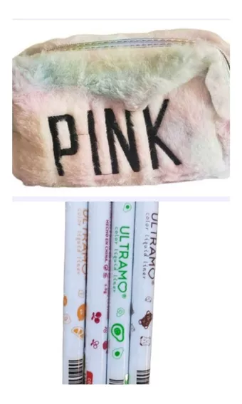 Cosmetiquera Pink Peluche+4 Delineadores Para Ojos Ultramo