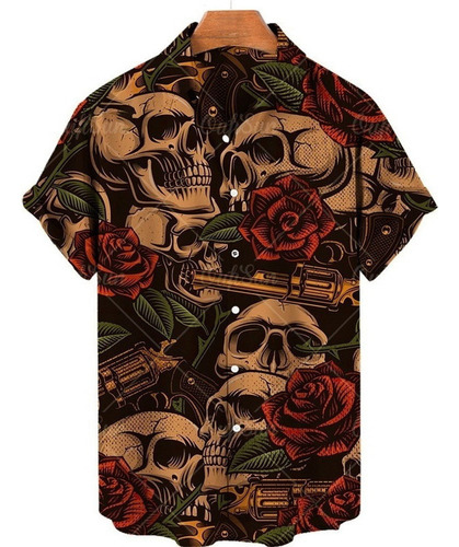 Camisa Casual Hawaiana De Hombre Con Estampado De Calavera