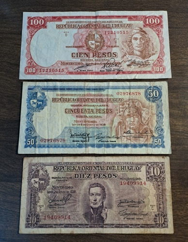 Uruguay X 3 Billetes Incluye 50 Pesos Mn Ley 1939. Usados!!