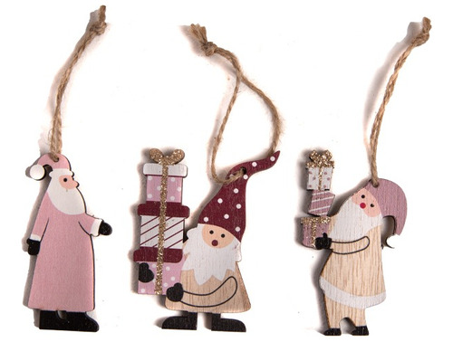 Adorno Navidad Set X3 Colgantes Madera Santas Rosa 4x6 Cm