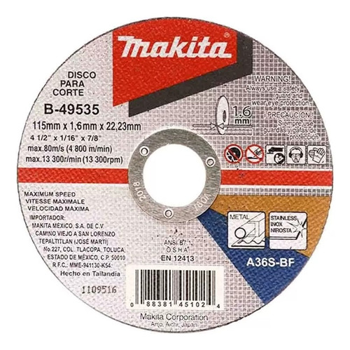 Disco Abrasivo Corte Metal 4-1/2 X 7/8 Makita B49535