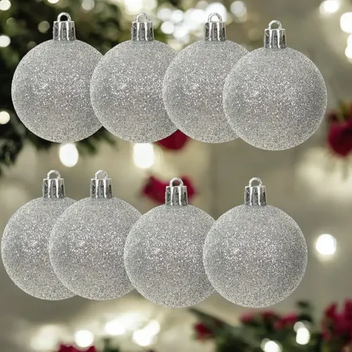 Kit Bolas de Natal Prata com Glitter Luxo Florarte com 8 unidades