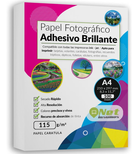 Papel Fotográfico Adhesivo Brillante A4 115gr Pack 100 Hojas