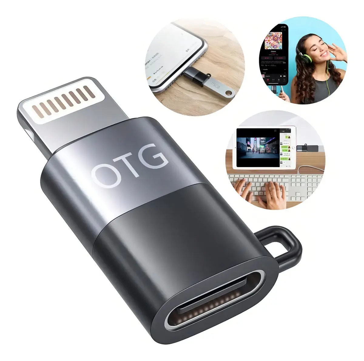 Adaptador USB-C Fêmea NeoXtek para iPhone iPad OTG iOS Conectividade Preto e Cinza