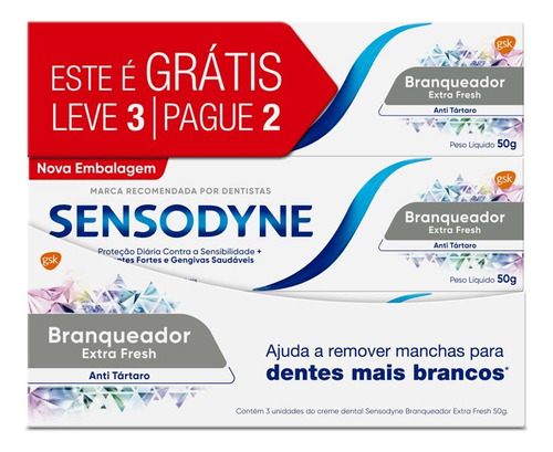 Sensodyne Branqueador Extra Fresh pasta de dente para dentes sensíveis kit leve 3 pague 2 50g cada