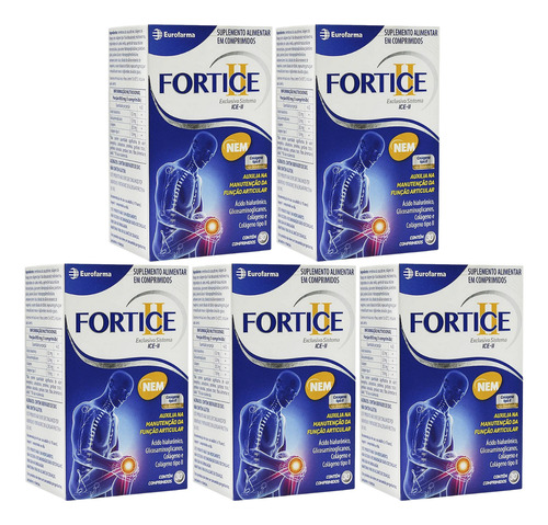 Kit 5 Fortice Colágeno Tipo Ii + Acido Hialurônico C/ 30 Cp