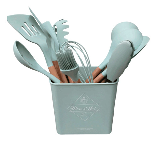 Set 12 Utensilios Cocina Silicona Calipso Simplit Color Verd