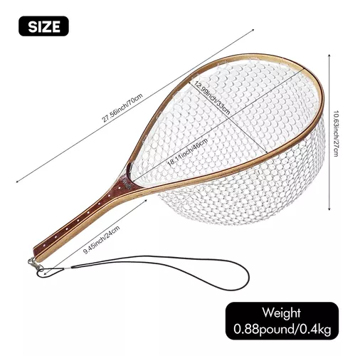 Wooden Fishing Net with Measuring Dots on Handle Fly Fishing Net Soft  Rubber Net Bag Great Protection for Fish Landing Net Trout Net