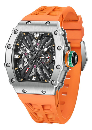 Reloj De Pulsera Analógico Ejecutivo Pagani Design Para Homb Correa Naranja Bisel Plateado Fondo Negro