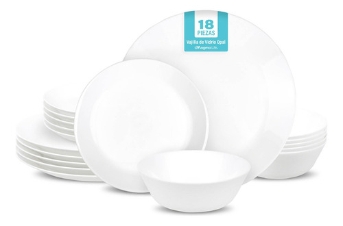 Vajilla Alba de Vidrio Opal 6 personas Magma Life (18 Pzs), Platos de Ultra Alta Resistencia: 6 Extendidos, 6 para Postre y 6 Hondos, para Microondas y Lavavajillas, Antibacterial, Fácil de Lavar