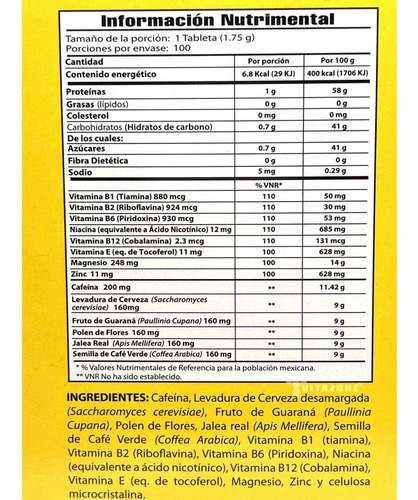 Imagen 2 de 6 de Tiamina 5000 Cafeína Jalea Real Guaraná 100 Tabletas Gn+vida