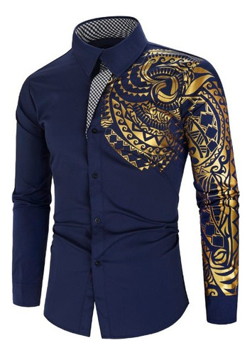 Camisa Manga Larga Gero Elegante Estampado Azul Oscuro