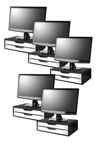 Conj. 5 Suportes Monitor Mdf Black Piano 2 Gavetas Brancas