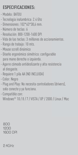 Mouse Inalambrico Batou Crown Wireless 2,4 Ghz Plug And Play