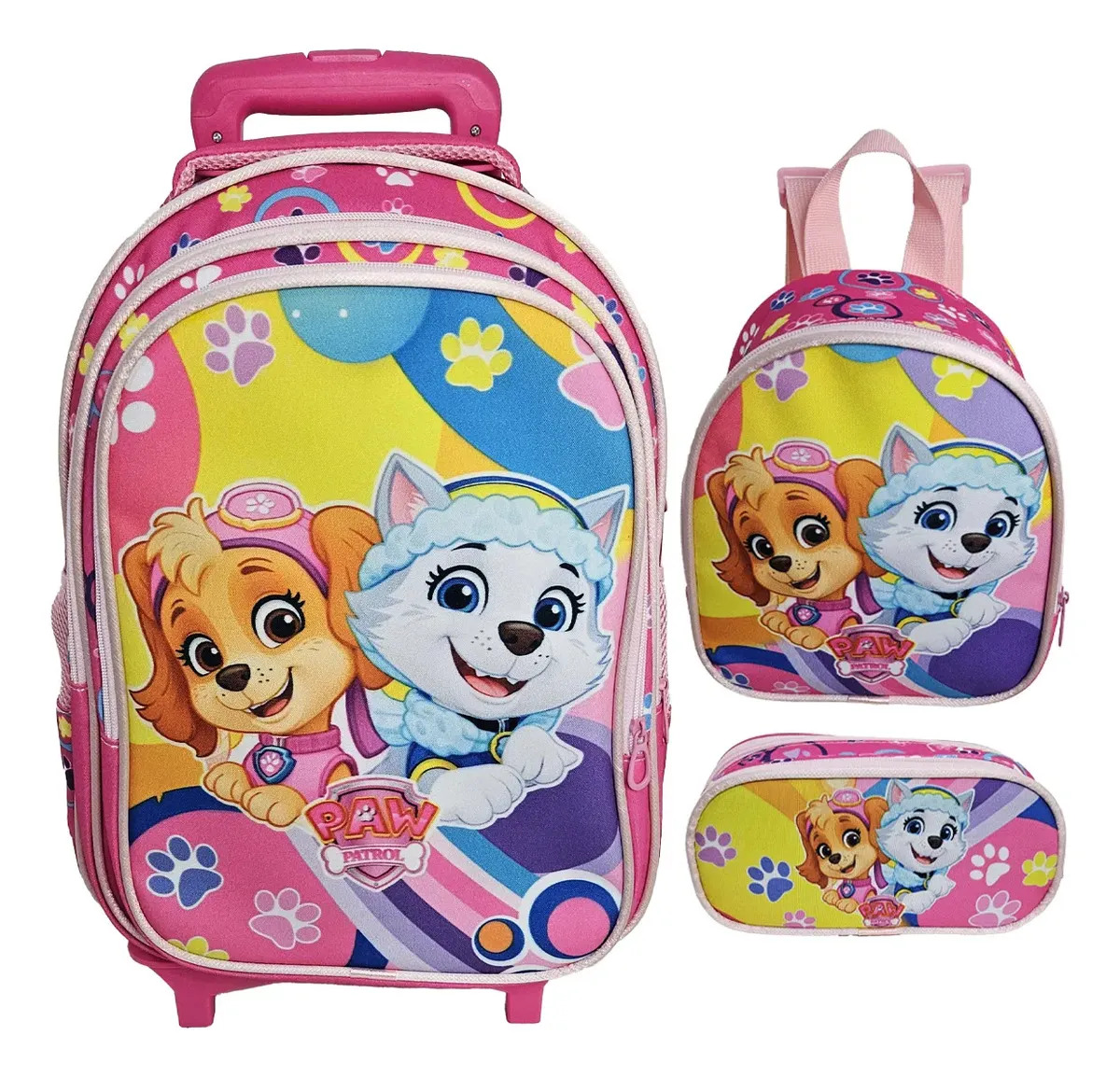 Kit Mochila Escolar Rodinha, Sky Lancheira, Estojo, Patrulha Cor Rosa-chiclete Desenho do tecido Sky Patrulha