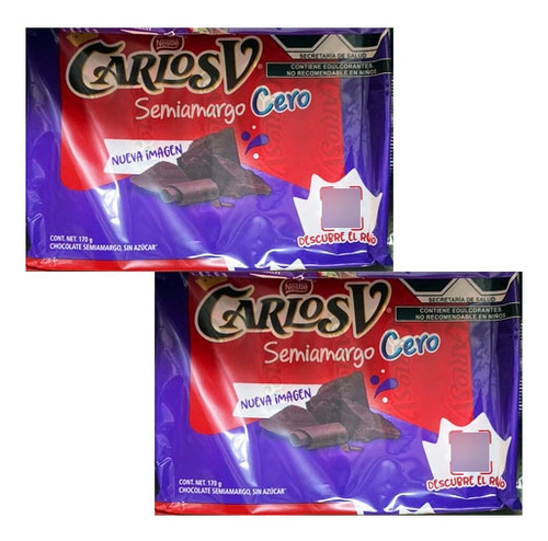 Chocolate Carlos V  Semiamargo Cero Azucar Sugar Free 2 Pzas