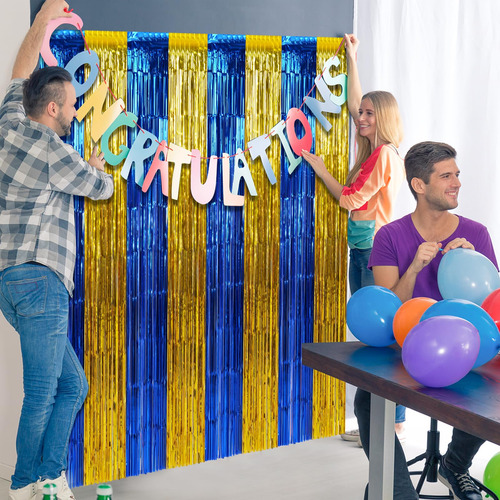 Paquete De Cortinas De Flecos Metálicas Azul Dorado 2x2 Metr Color