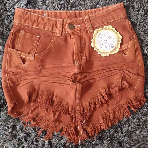 Saia Jeans Cos Alto Desfiada Hot Pants Telha Marrom Sa002