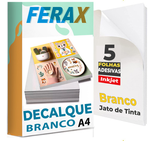 5 Papel Gomado Decalque Waterslide Jato Tinta Branco Ferax