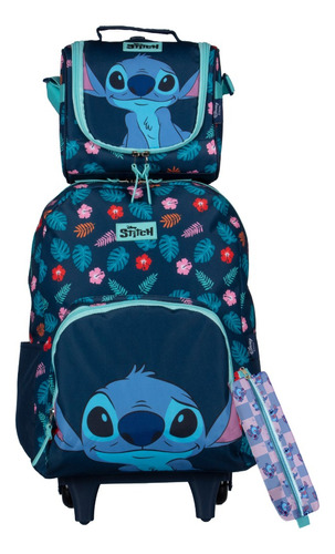 Kit Mochila De Rodinhas + Lancheira E Estojo Stitch Disney