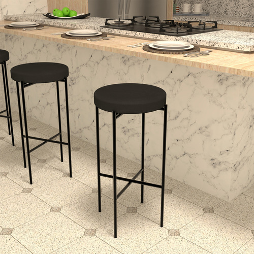 Banqueta Alta Redonda Balcão Cozinha Bar Bistro Kit Com 2 Acabamento Da Estrutura Aço Cor Preto