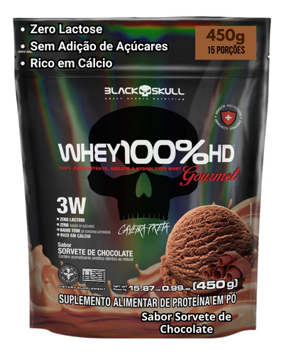 Whey Protein 100% HD Black Skull Refill Gourmet Mass Gain, sabor a helado de chocolate, 450 g