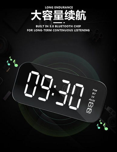 Reloj Digital Con Altavoz, Alarma, Espejo Recargable De Gran