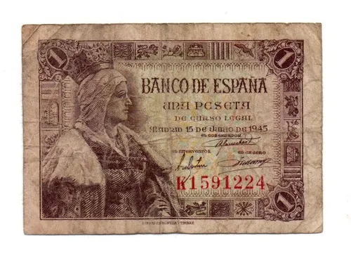 España Billete 1 Peseta Año 1945 P#128 Isabel La Catolica (Usado)