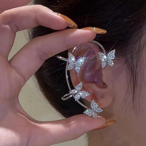 Brincos Borboleta Zircão Strass 1 Par Clipes K-pop Ear Cuff Cor Prateado