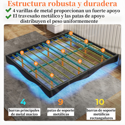 Base Cama Matrimonial Size Flotante Con Luces Led Ajustables