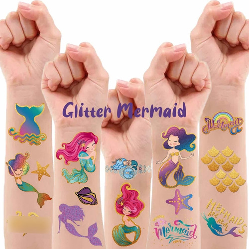 Partywind 4 Sheets Mermaid Metallic Glitter Temporary Tattoo