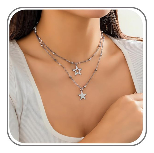 Silver Star Stacked Necklaces Choker For Women Star Pendant