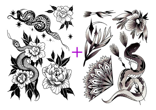 Kit 2 Tatuagem Temporária Feminina Cobra Rosa Flor 21x15cm