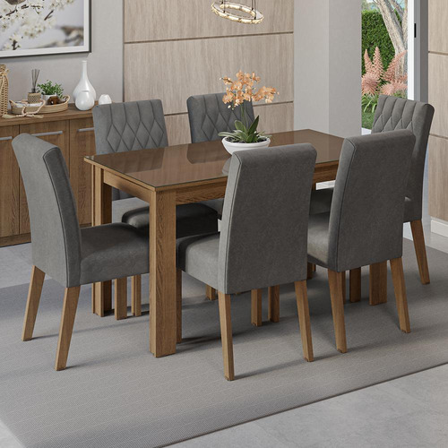 Sala De Jantar Mesa Tampo Vidro 6 Cadeiras Odara Madesa Rs Cor Rustic/Silver Desenho do tecido das cadeiras Liso