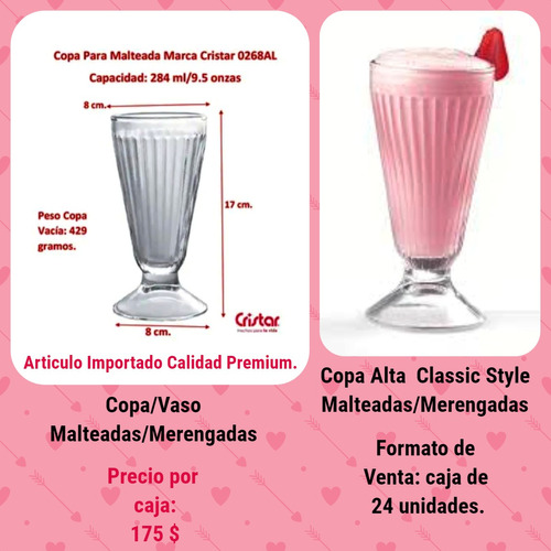 Copa Vaso Alto Merengadas/malteadas Cristar.caja De 24unids.