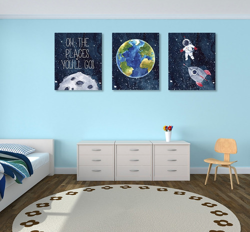 Niños Espacio 3pzas C/marco Flotante Canvas Decorativo