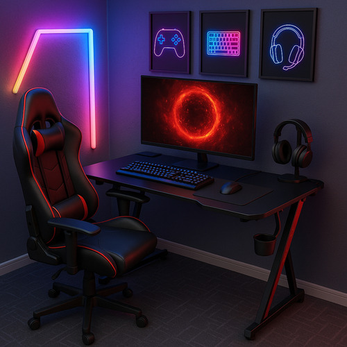 Mesa Gamer 2 Monitores Escrivaninha Fibra De Carbono Pc Computador Quarto Com Suporte Copo E Headset Pés Metal Móveis Bonatto