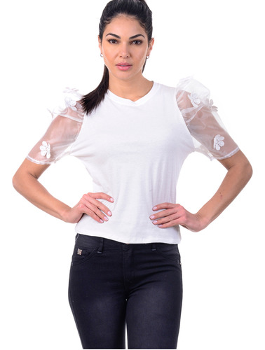 Lz1005 Blusa Strech Con Mangas Transparentes Y Flores En Ell