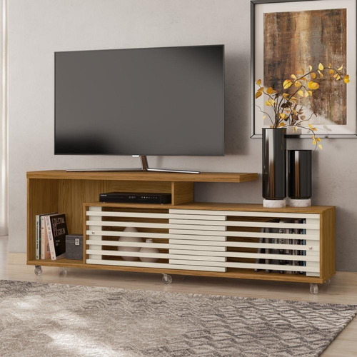 Rack Bancada Home Para Tv Até 65 2 Portas Marrom Off White