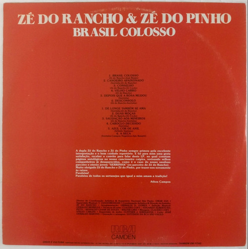 Lp Vinil - Zé Do Rancho E Zé Do Pinho - Brasil Colosso (Usado)