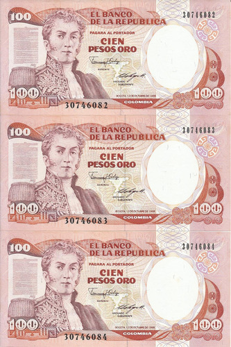 Colombia Trío Números Consecutivos, 100 Pesos 12 Octubr 1988