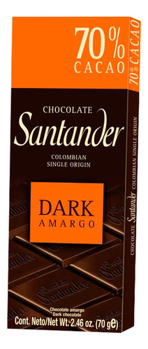 Chocolatina Santander 70% Plegadiza X 10 Unidades X 70 Gr
